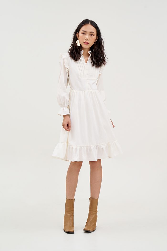 Đầm cotton tay lở nhún bèo xếp li ngực nút bọc