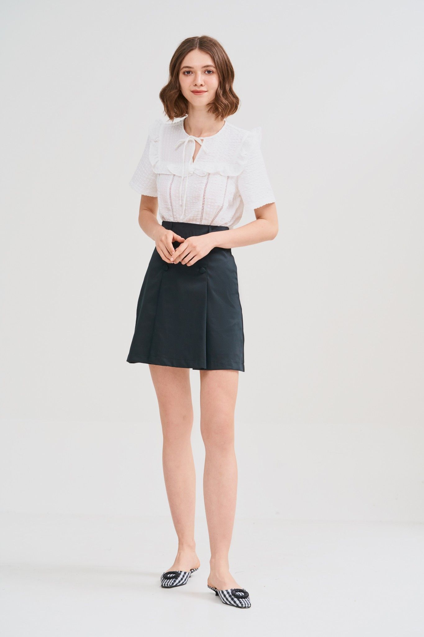 Áo vải cotton xốp bèo ngực cột nơ