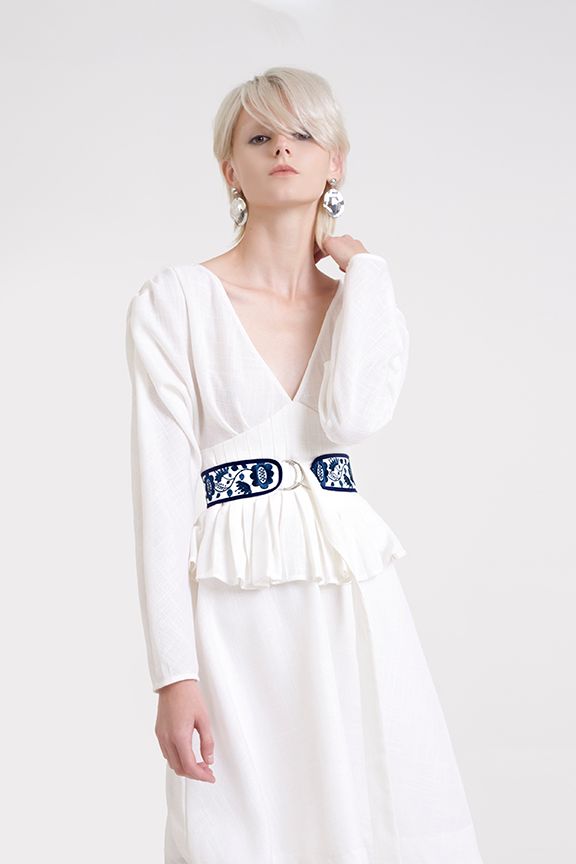 Đầm midi tay dài xếp li bảng eo cổ tim
