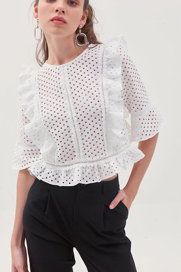 Áo ren cotton dệt vuông viền bèo