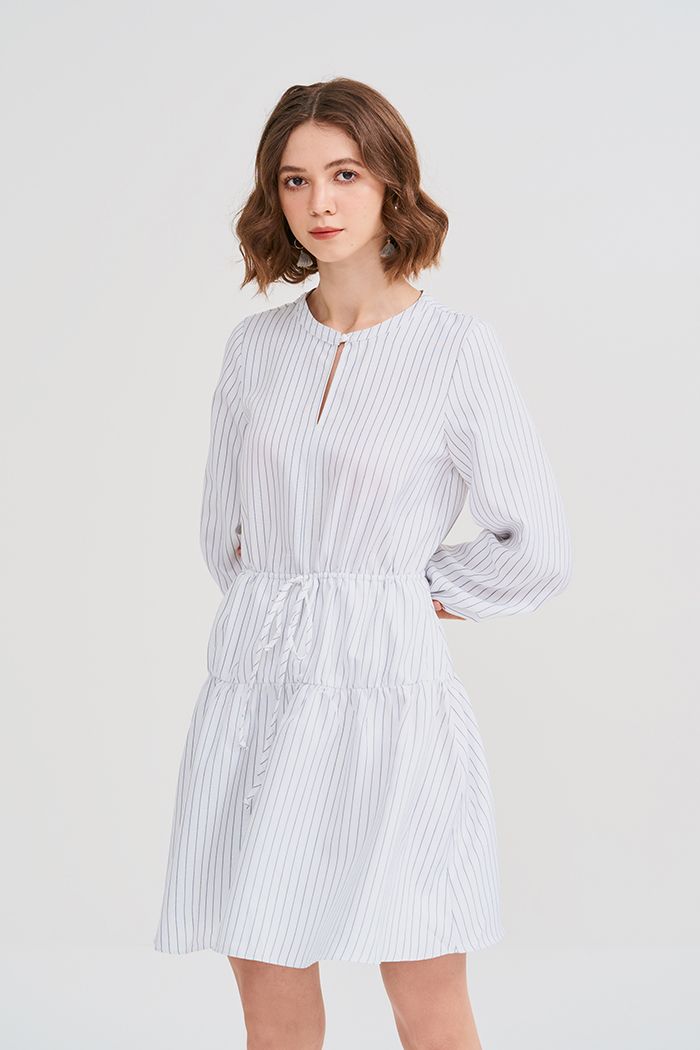 Đầm linen sọc rút eo tay lửng