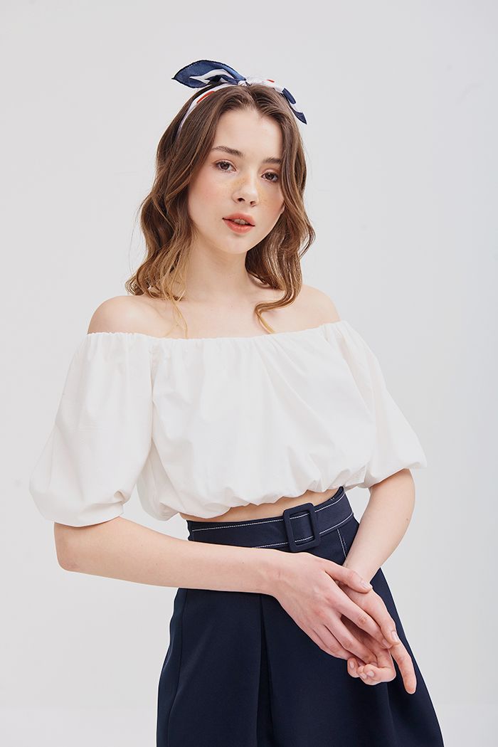 Áo croptop bẹt vai nhún thun tay lửng