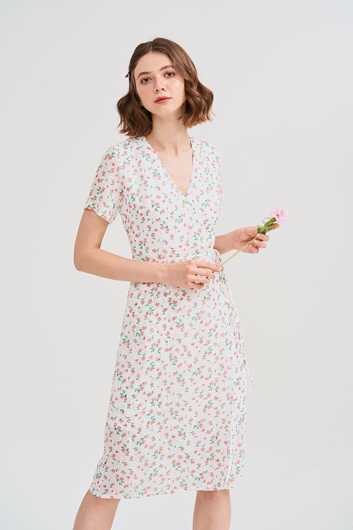 Đầm midi in hoa đắp tùng chéo cột dây nơ