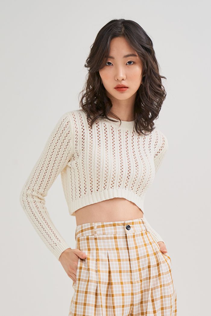 Áo thun croptop dệt kim tay dài đan hình thoi