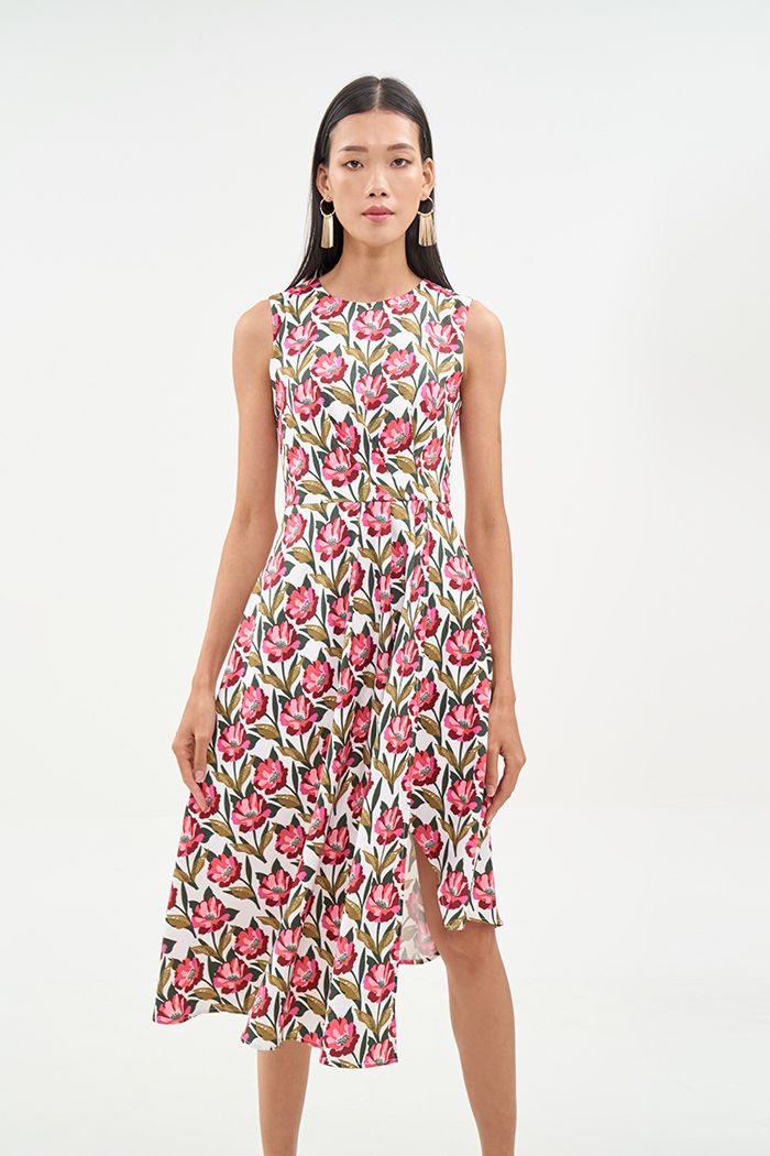 Đầm midi sát nách tùng đắp chéo in hoạ tiết fw19