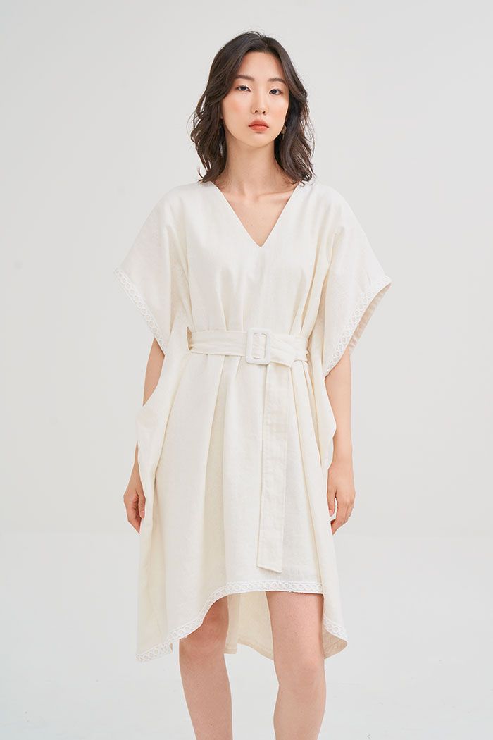 Đầm linen viền ren oversize thắt nịch