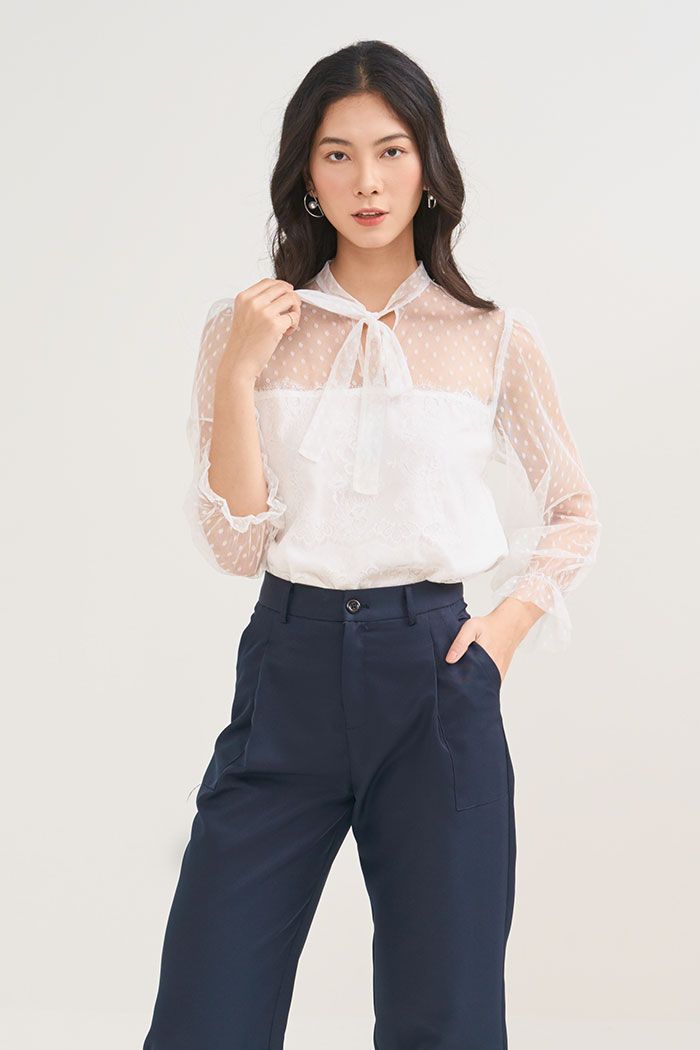 Áo sheer 2 lớp cột nơ cổ tay dài
