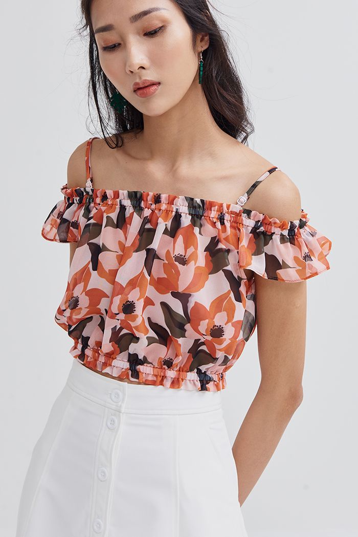 Áo crotop 2 dây bẹt vai nhún thun in hoạ tiết ss19