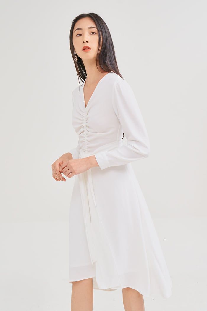 Đầm bố gấm midi nhún ngực tay dài cột nơ