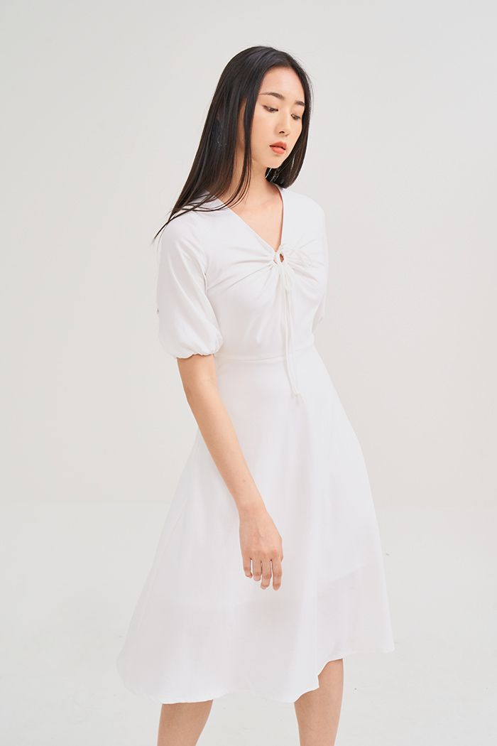 Đầm midi tay lở rút tròn cột nơ ngực
