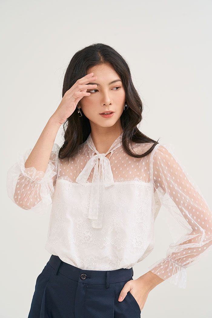 Áo sheer 2 lớp cột nơ cổ tay dài