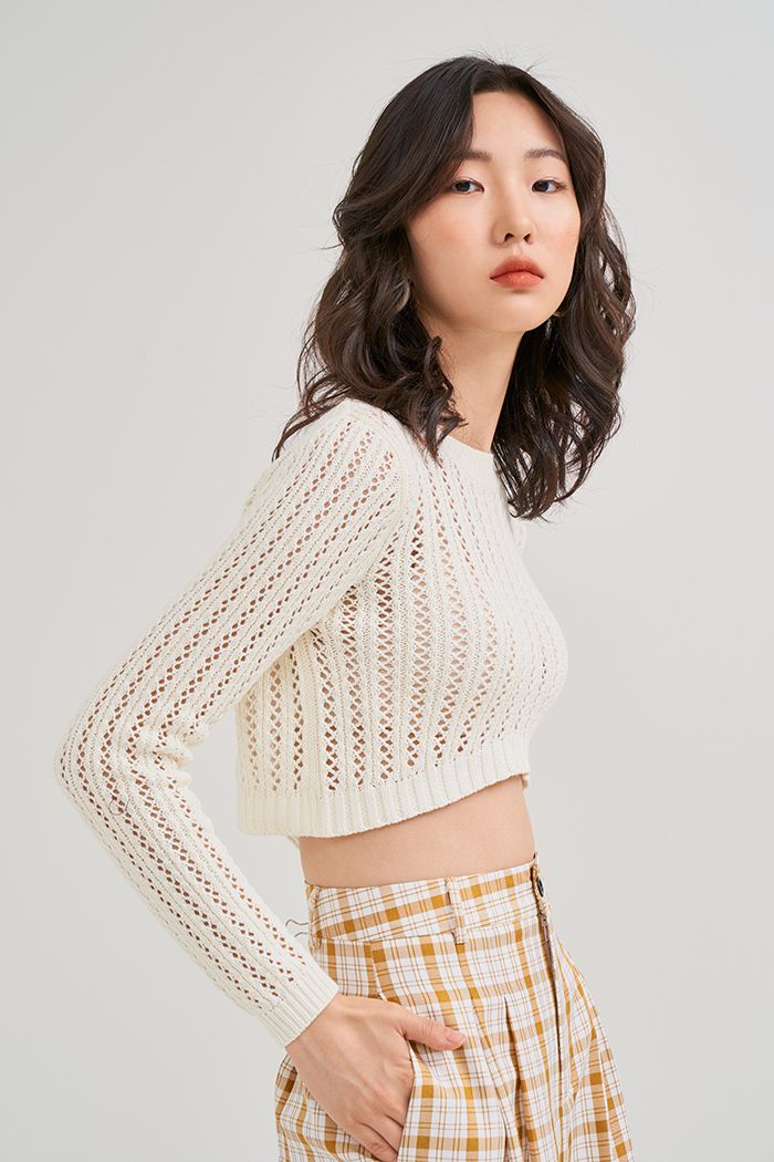 Áo thun croptop dệt kim tay dài đan hình thoi