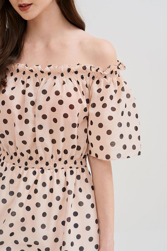 Đầm linen chấm bi midi rã tùng nhún thun