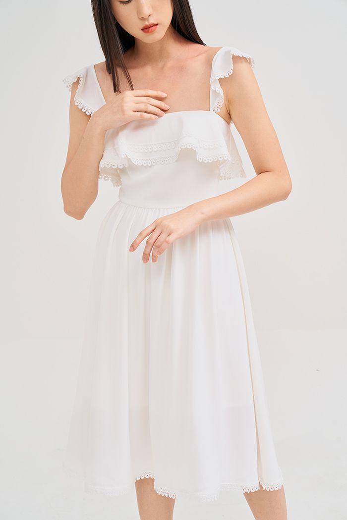 Đầm midi 2 dây bèo vai ngực lai