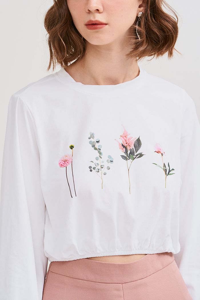 Áo thun croptop bo thun tay dài in hoa