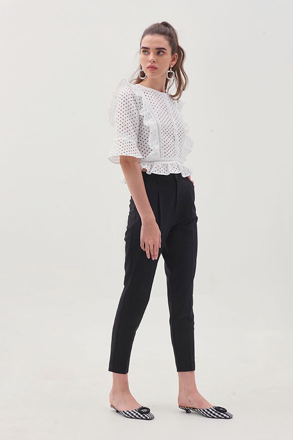 Áo ren cotton dệt vuông viền bèo