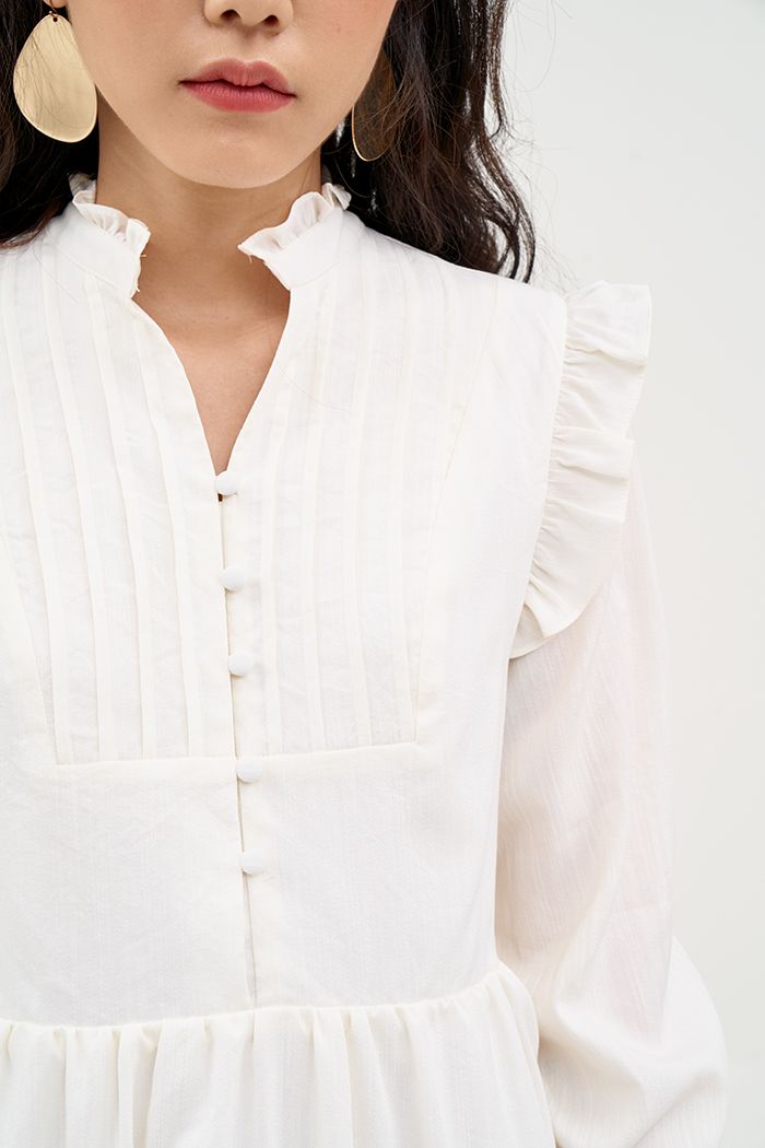 Đầm cotton tay lở nhún bèo xếp li ngực nút bọc