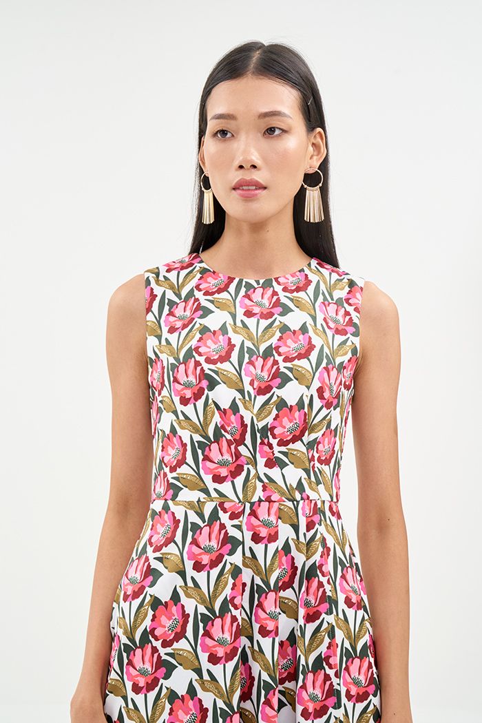 Đầm midi sát nách tùng đắp chéo in hoạ tiết fw19