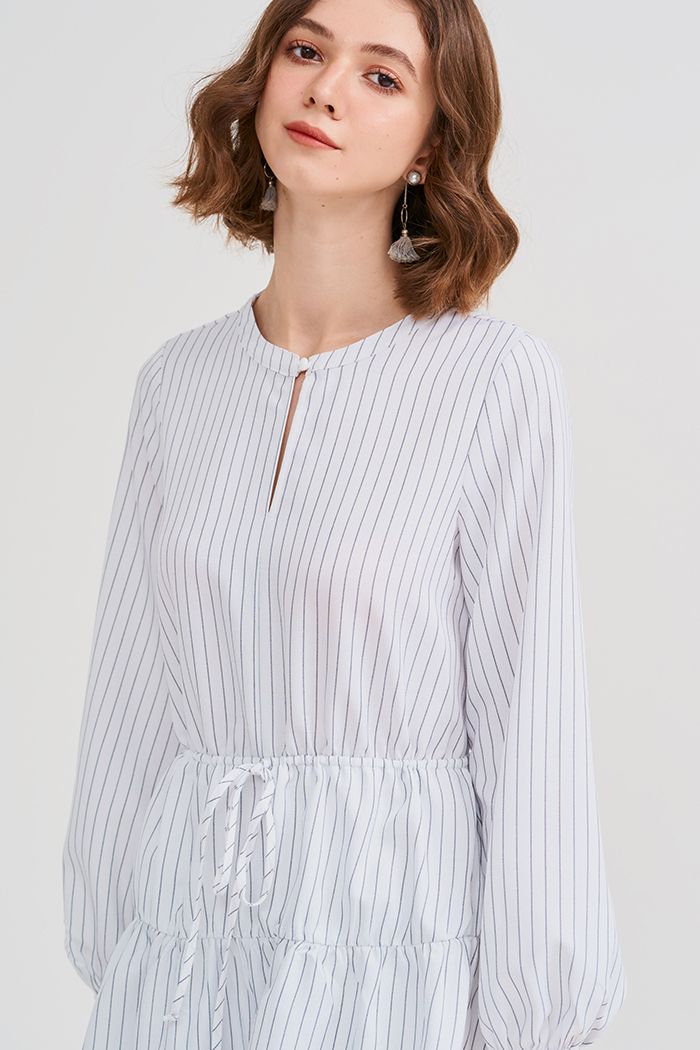 Đầm linen sọc rút eo tay lửng