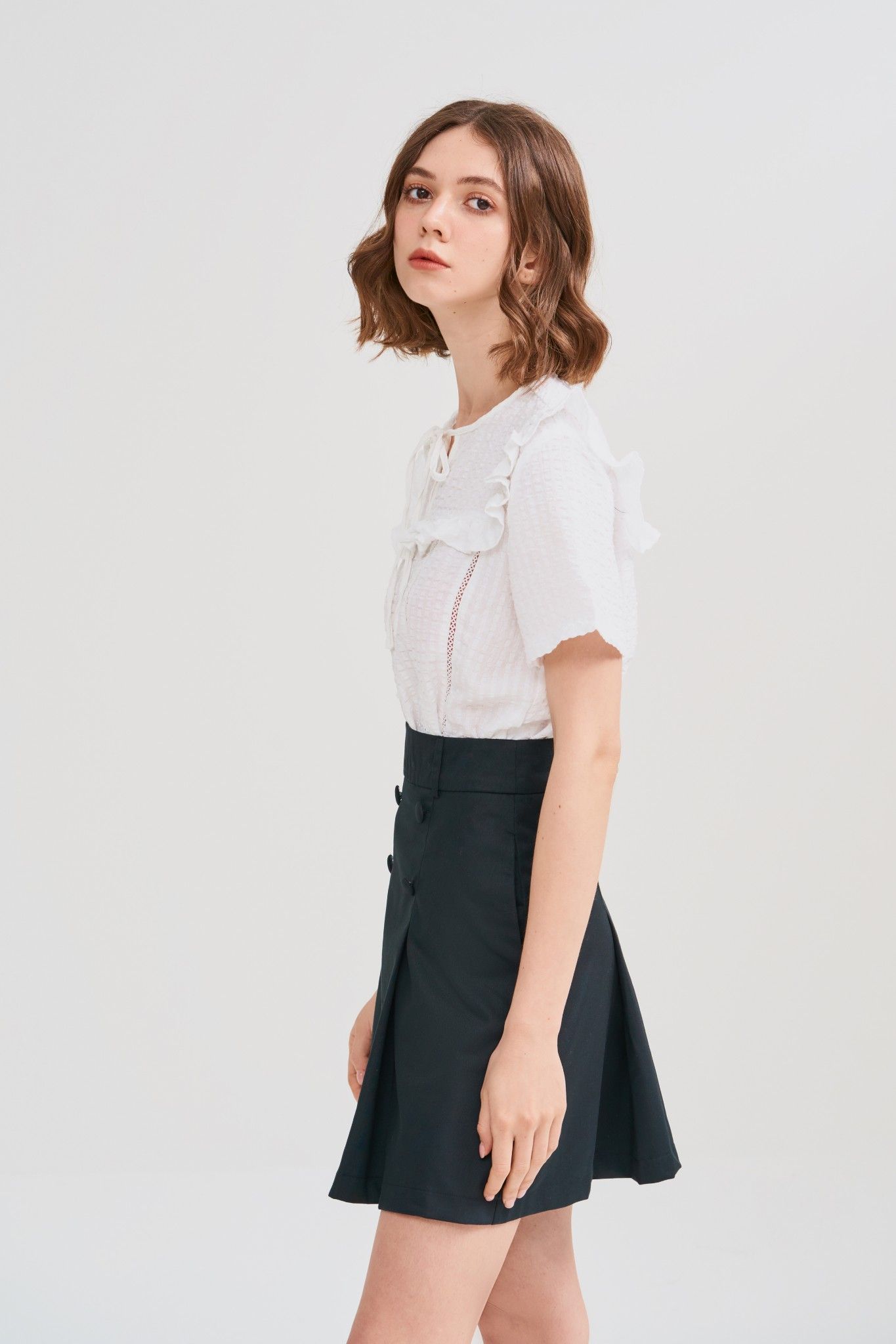 Áo vải cotton xốp bèo ngực cột nơ