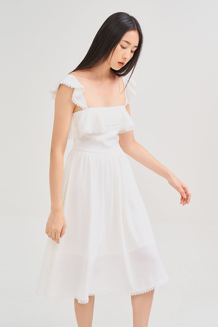Đầm midi 2 dây bèo vai ngực lai