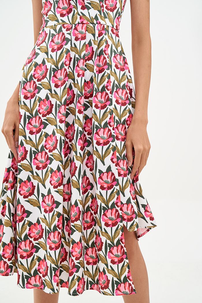 Đầm midi sát nách tùng đắp chéo in hoạ tiết fw19