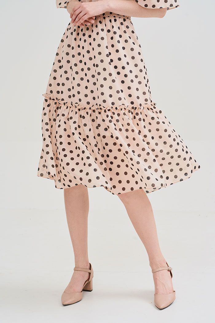 Đầm linen chấm bi midi rã tùng nhún thun