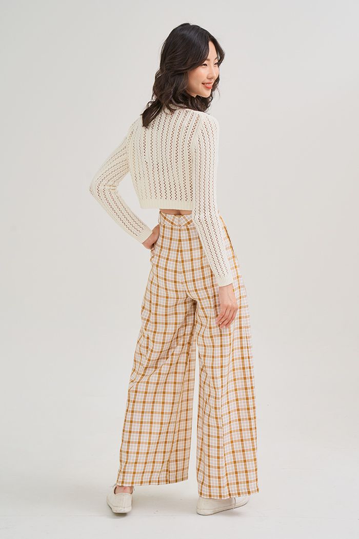 Áo thun croptop dệt kim tay dài đan hình thoi