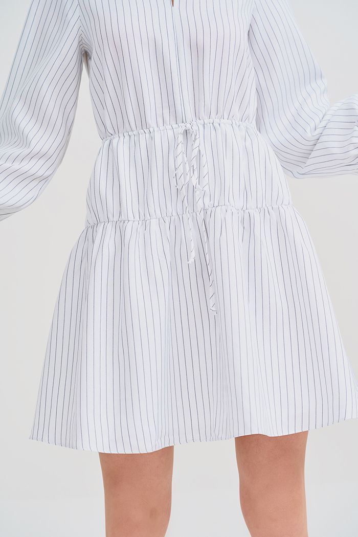 Đầm linen sọc rút eo tay lửng