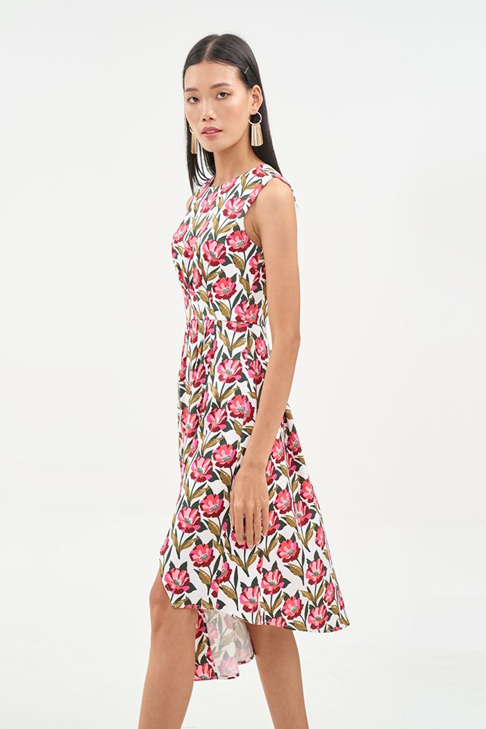 Đầm midi sát nách tùng đắp chéo in hoạ tiết fw19