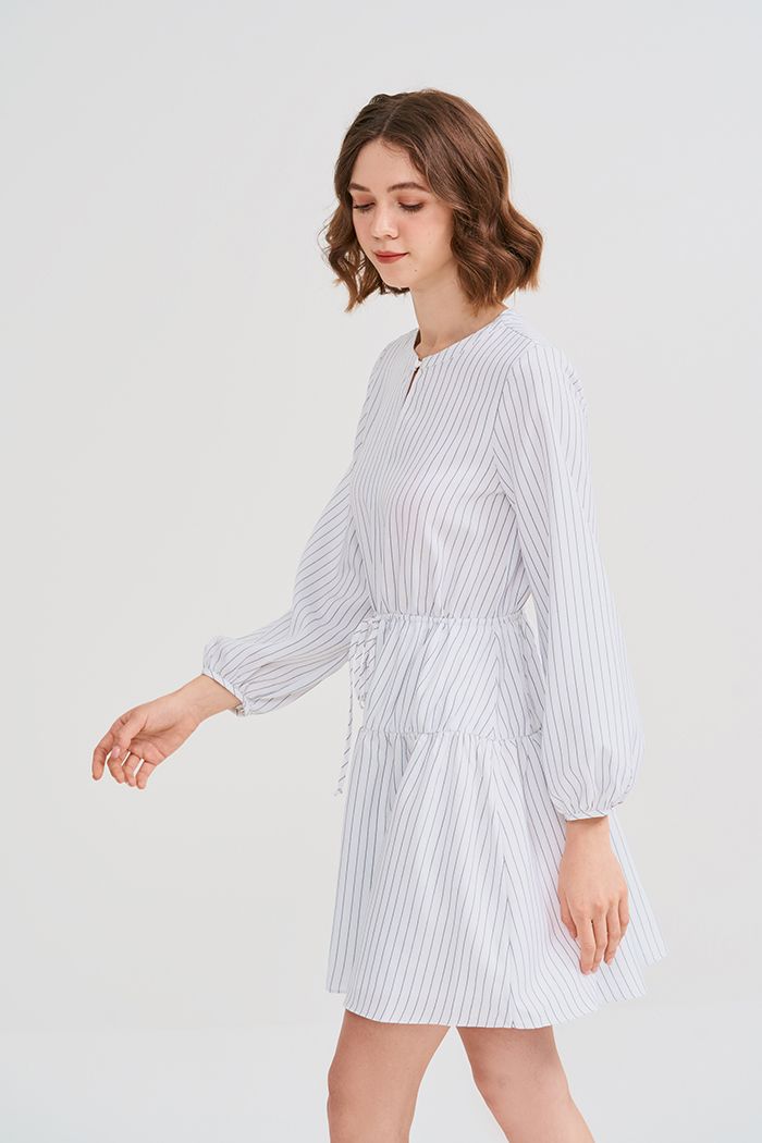 Đầm linen sọc rút eo tay lửng