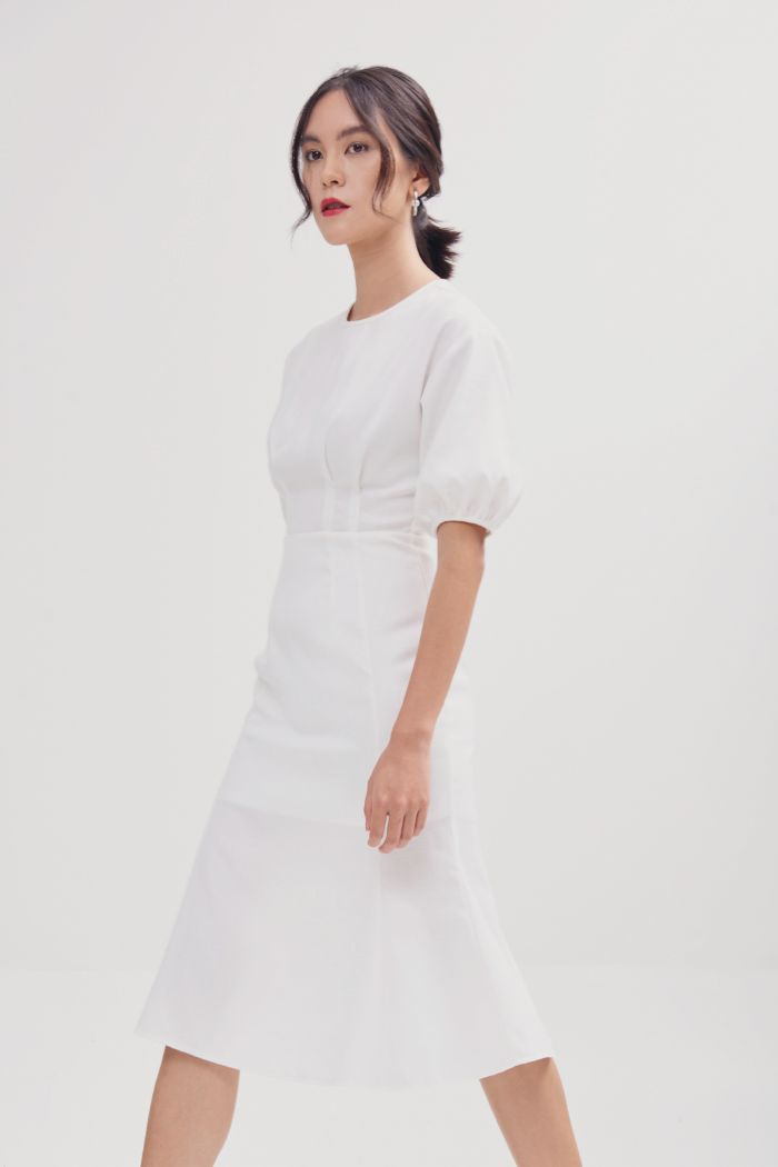Đầm midi tay lỡ nhấn li dọc thân