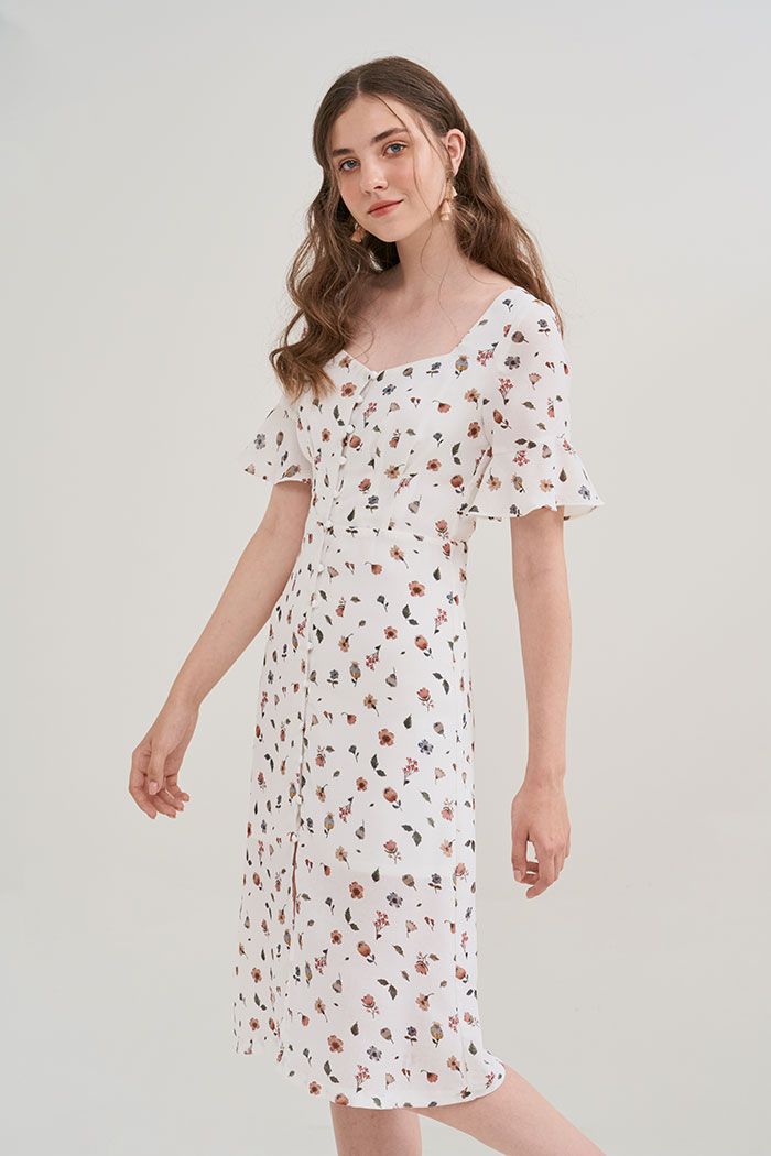 Đầm midi in hoạ tiết gài nút trước