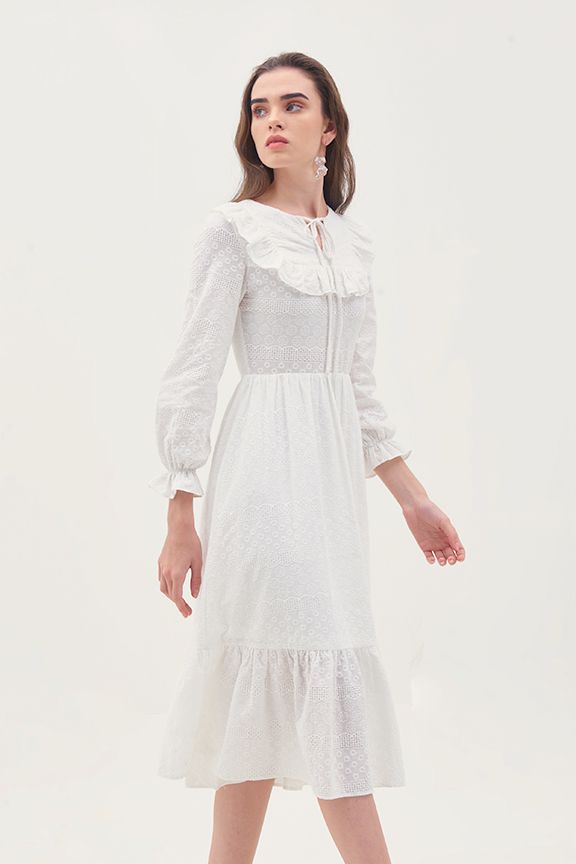 Đầm midi bèo ren cotton thêu