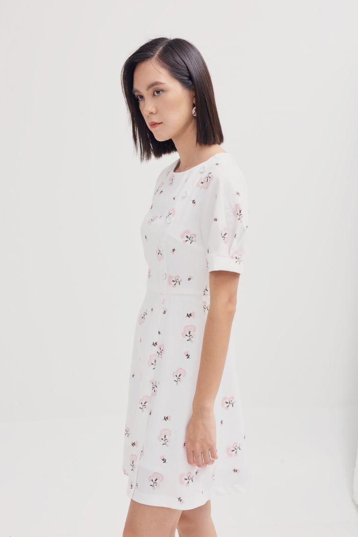 Đầm in hoạ tiết spr19 nhấn nút tay lỡ