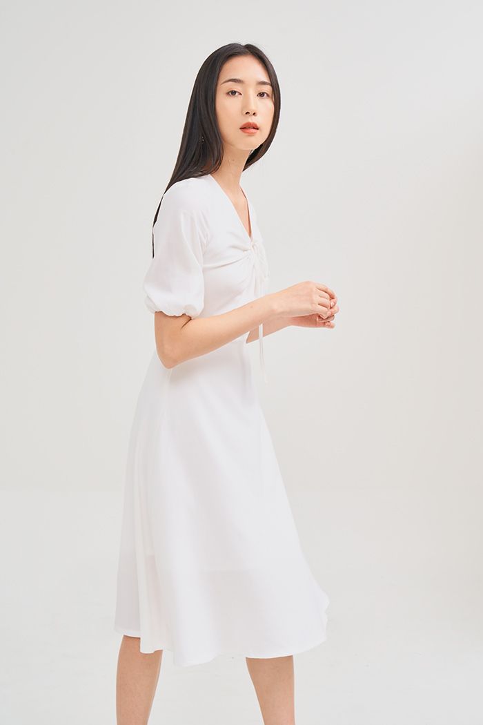 Đầm midi tay lở rút tròn cột nơ ngực
