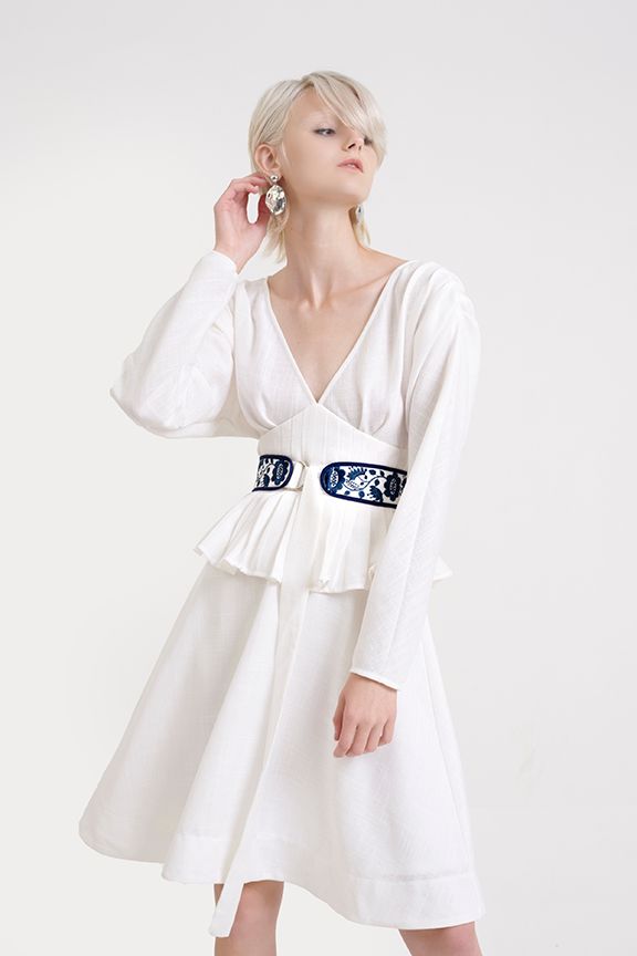 Đầm midi tay dài xếp li bảng eo cổ tim