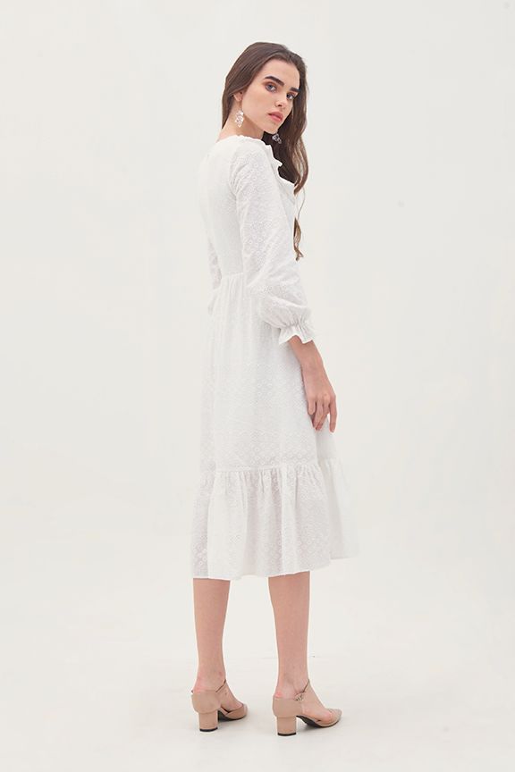 Đầm midi bèo ren cotton thêu