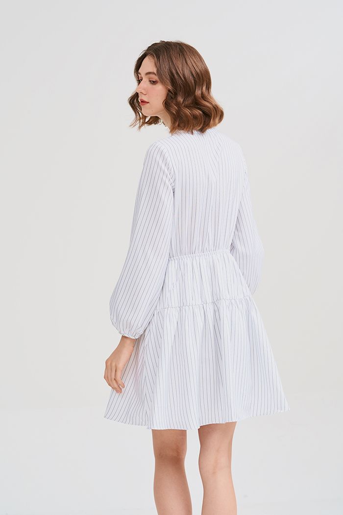 Đầm linen sọc rút eo tay lửng