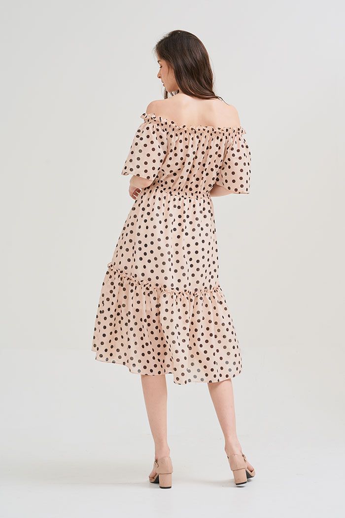 Đầm linen chấm bi midi rã tùng nhún thun