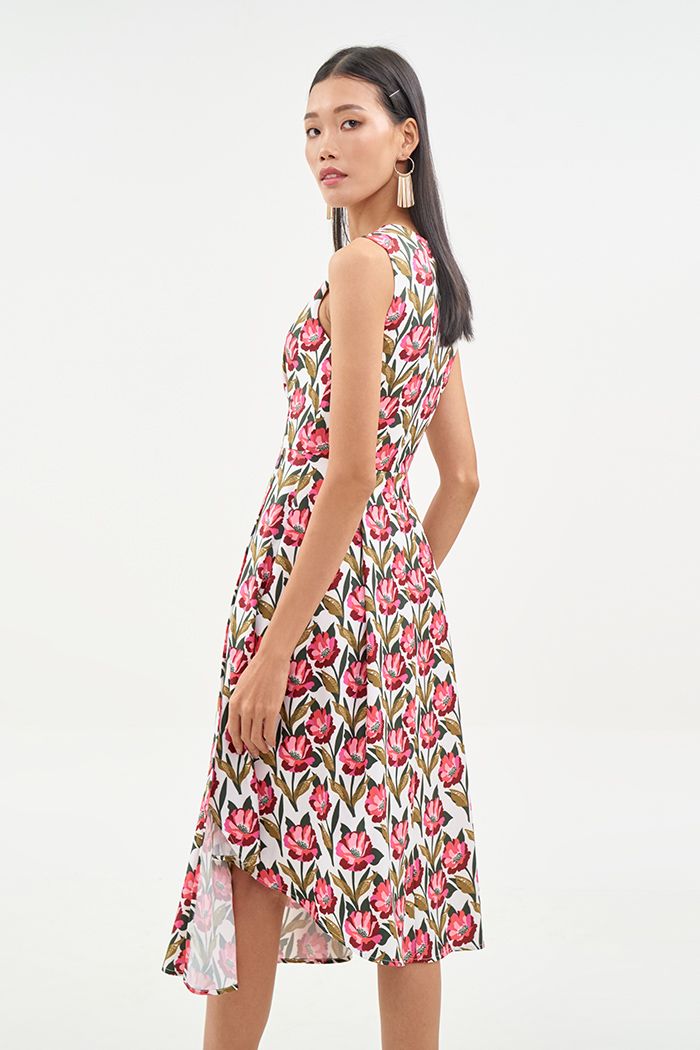 Đầm midi sát nách tùng đắp chéo in hoạ tiết fw19