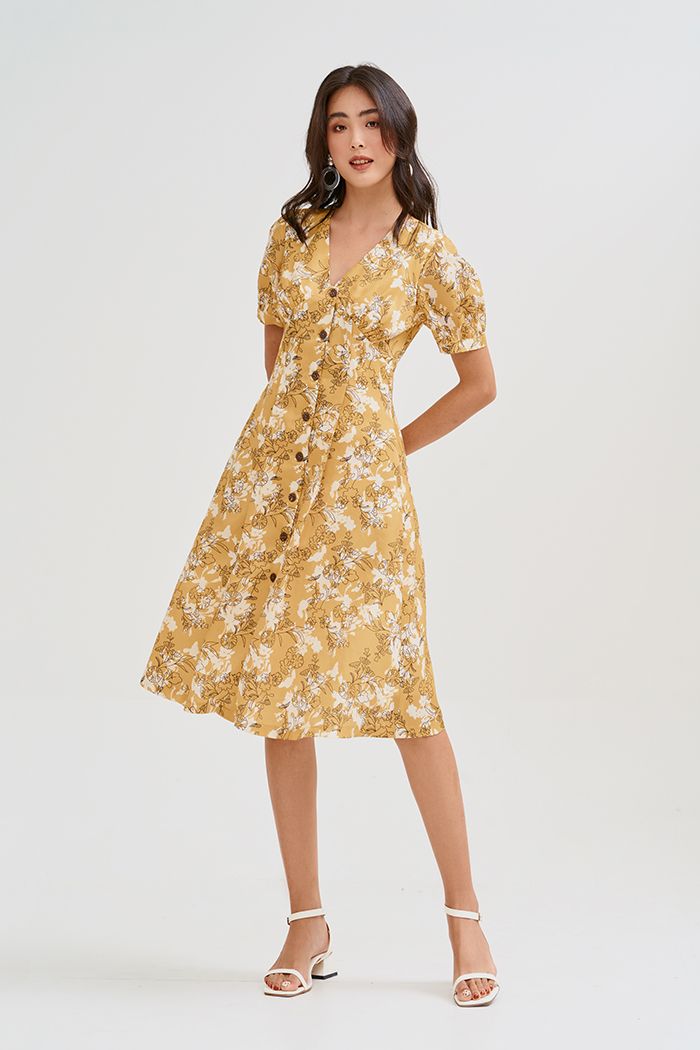 Đầm midi nẹp nút in hoạ tiết ss19 tay lỡ