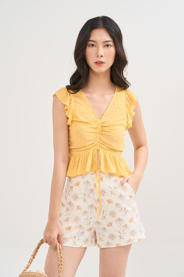 Áo croptop bèo tay rút nhún giữa