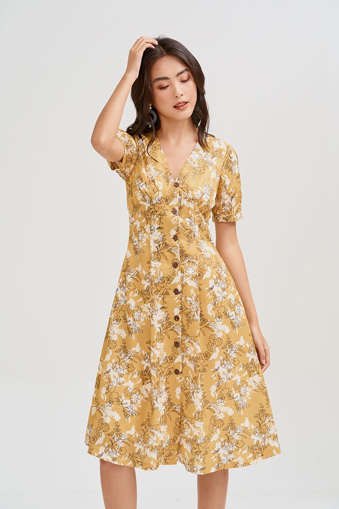 Đầm midi nẹp nút in hoạ tiết ss19 tay lỡ