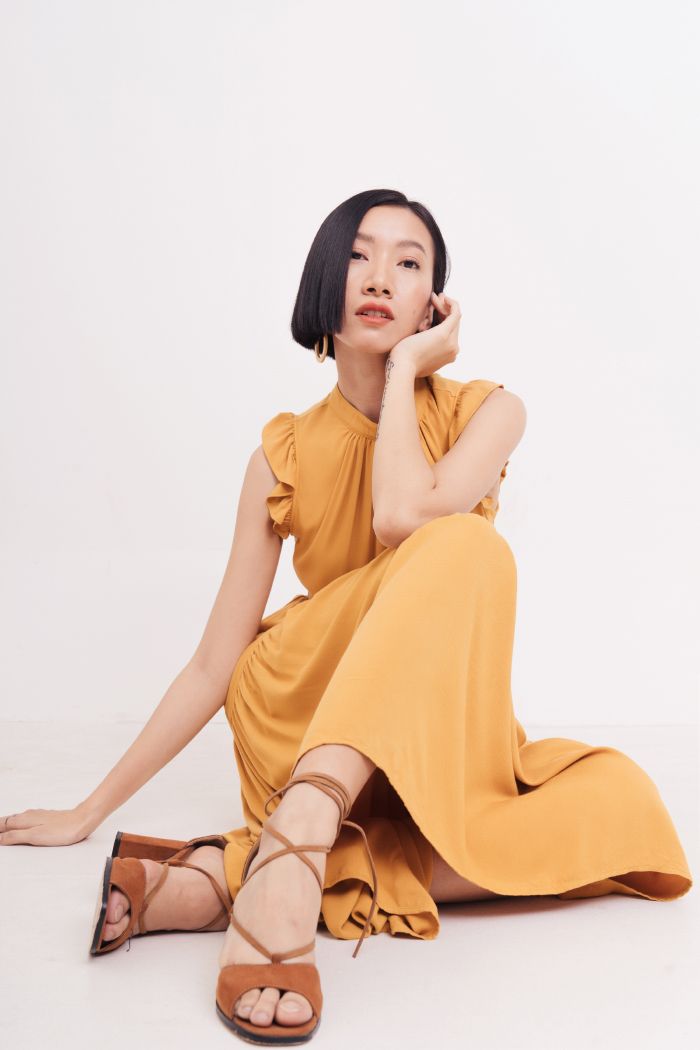 Đầm midi rã nhiều tầng sát nách