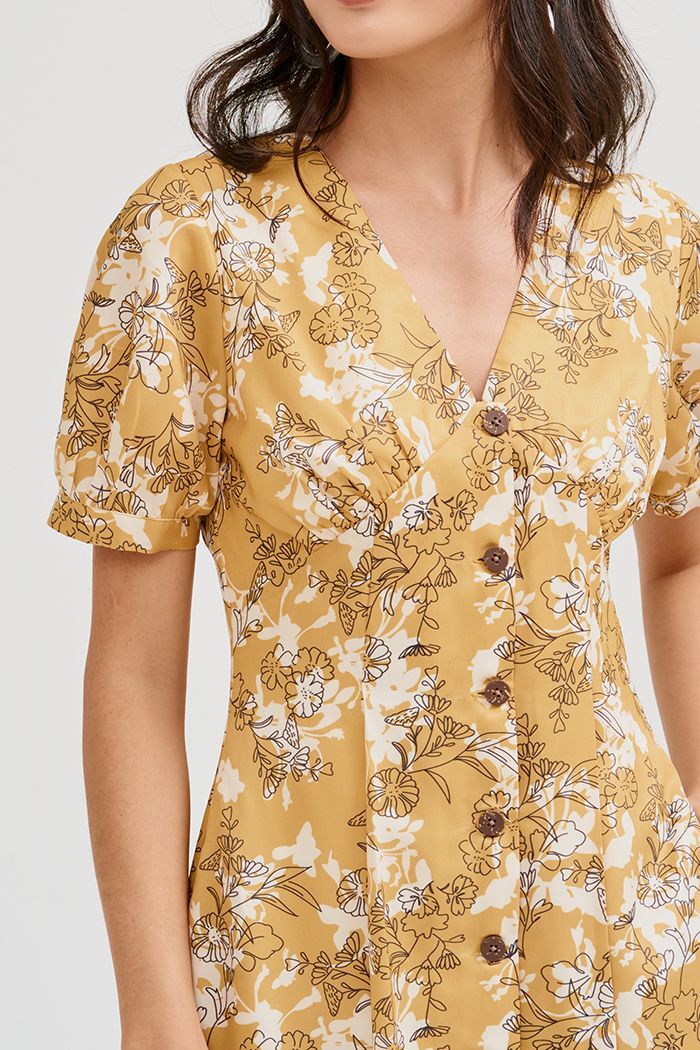 Đầm midi nẹp nút in hoạ tiết ss19 tay lỡ