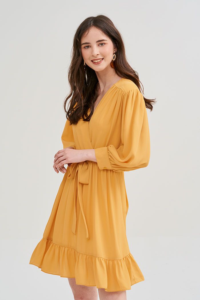 Đầm tay lửng đắp chéo nhún bèo cột nơ