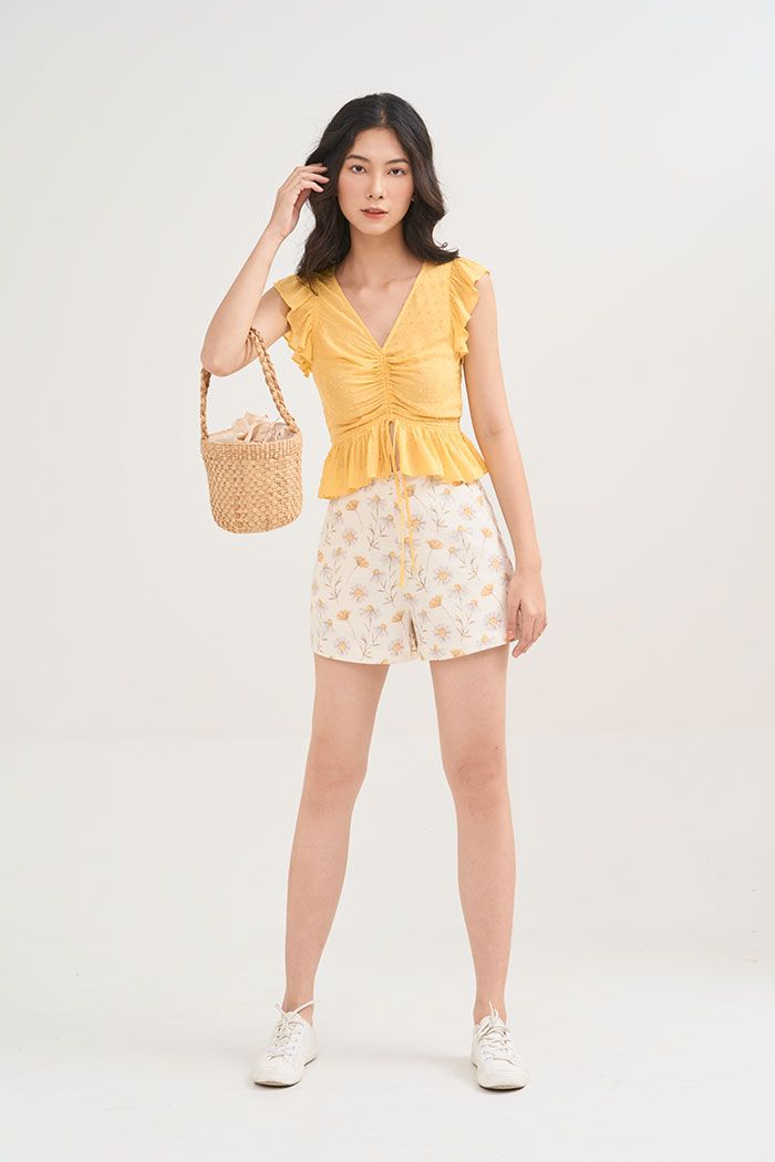 Áo croptop bèo tay rút nhún giữa