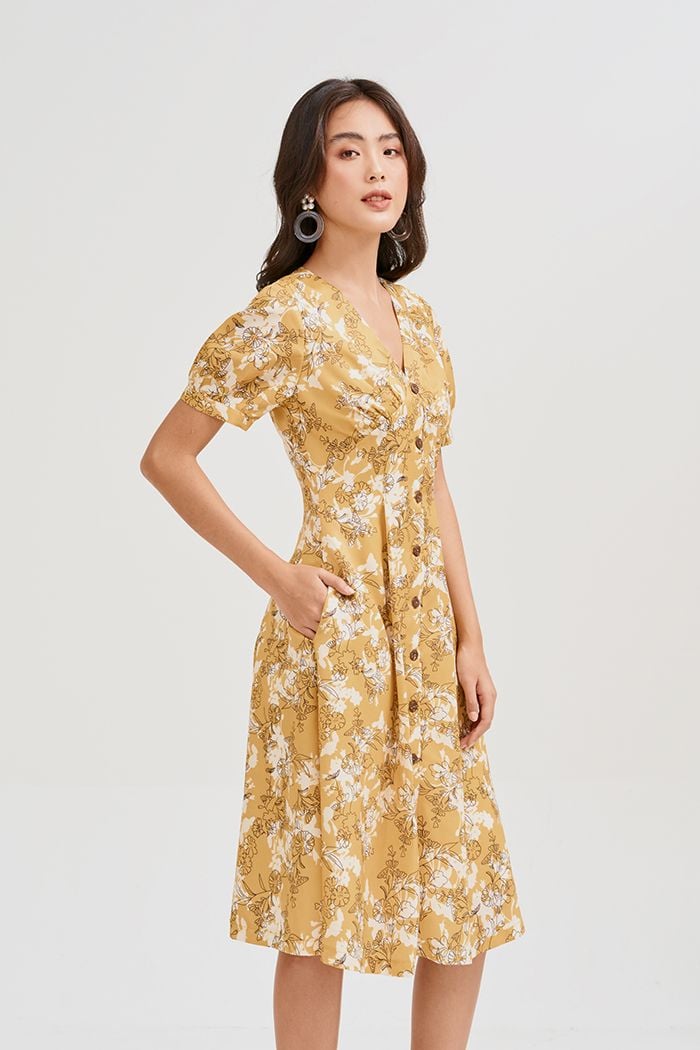 Đầm midi nẹp nút in hoạ tiết ss19 tay lỡ