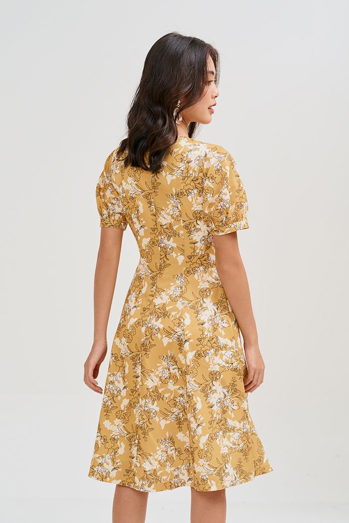 Đầm midi nẹp nút in hoạ tiết ss19 tay lỡ